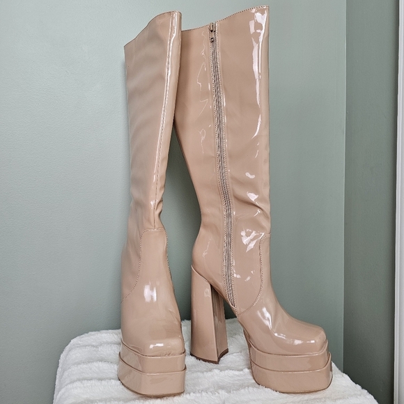 Brunay Light Nude Square Toe Platform Over-the-Knee Boots 7.5 Vegan Leather - Picture 3 of 8